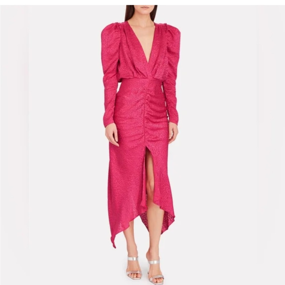 Ronny Kobo Collection Magenta Puff-Sleeve Ruched Midi Dress